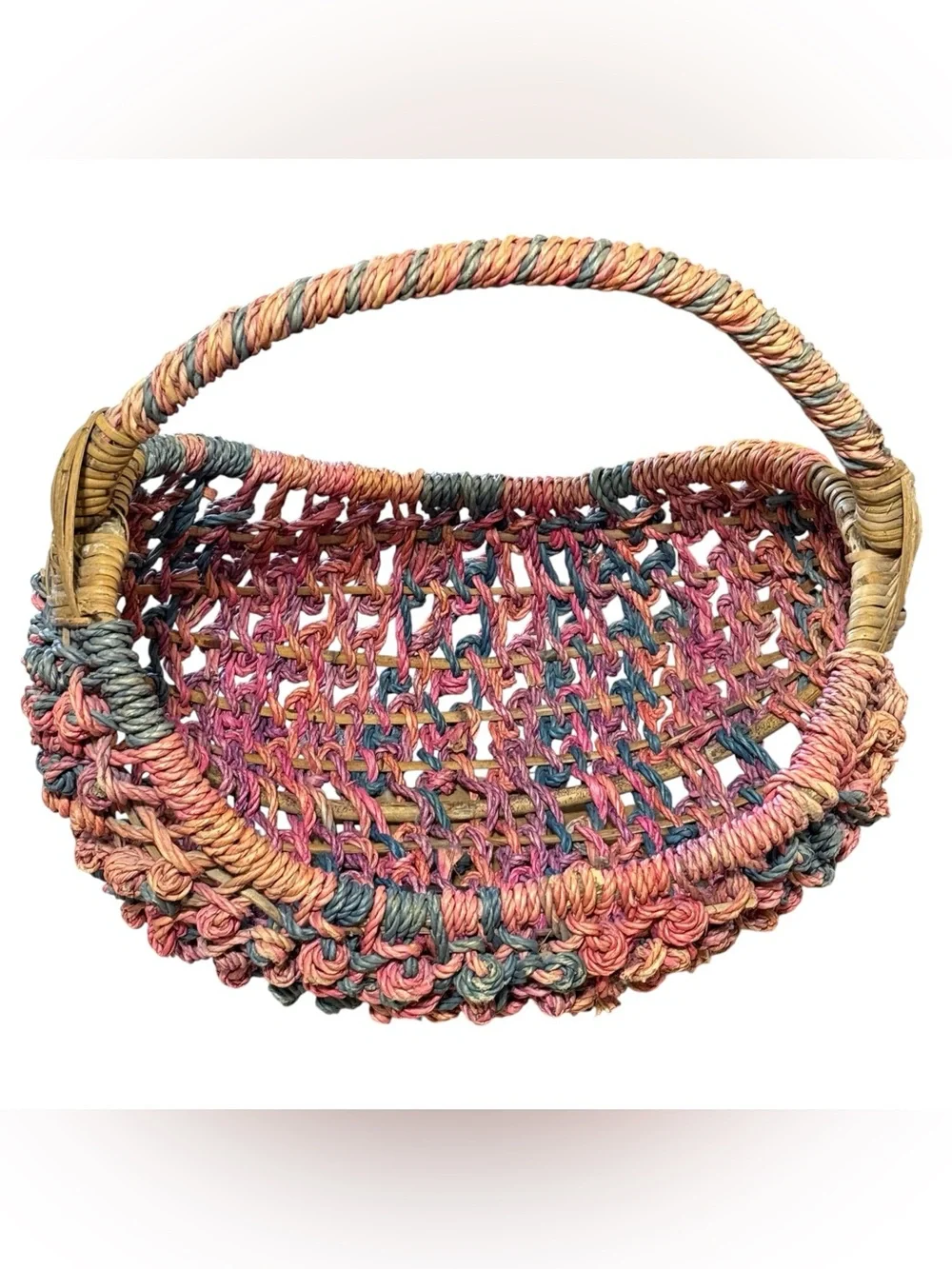 Large Colorful Woven Boho Boat Basket Pink Purple Teal and Tan  22” x 18” x 14”